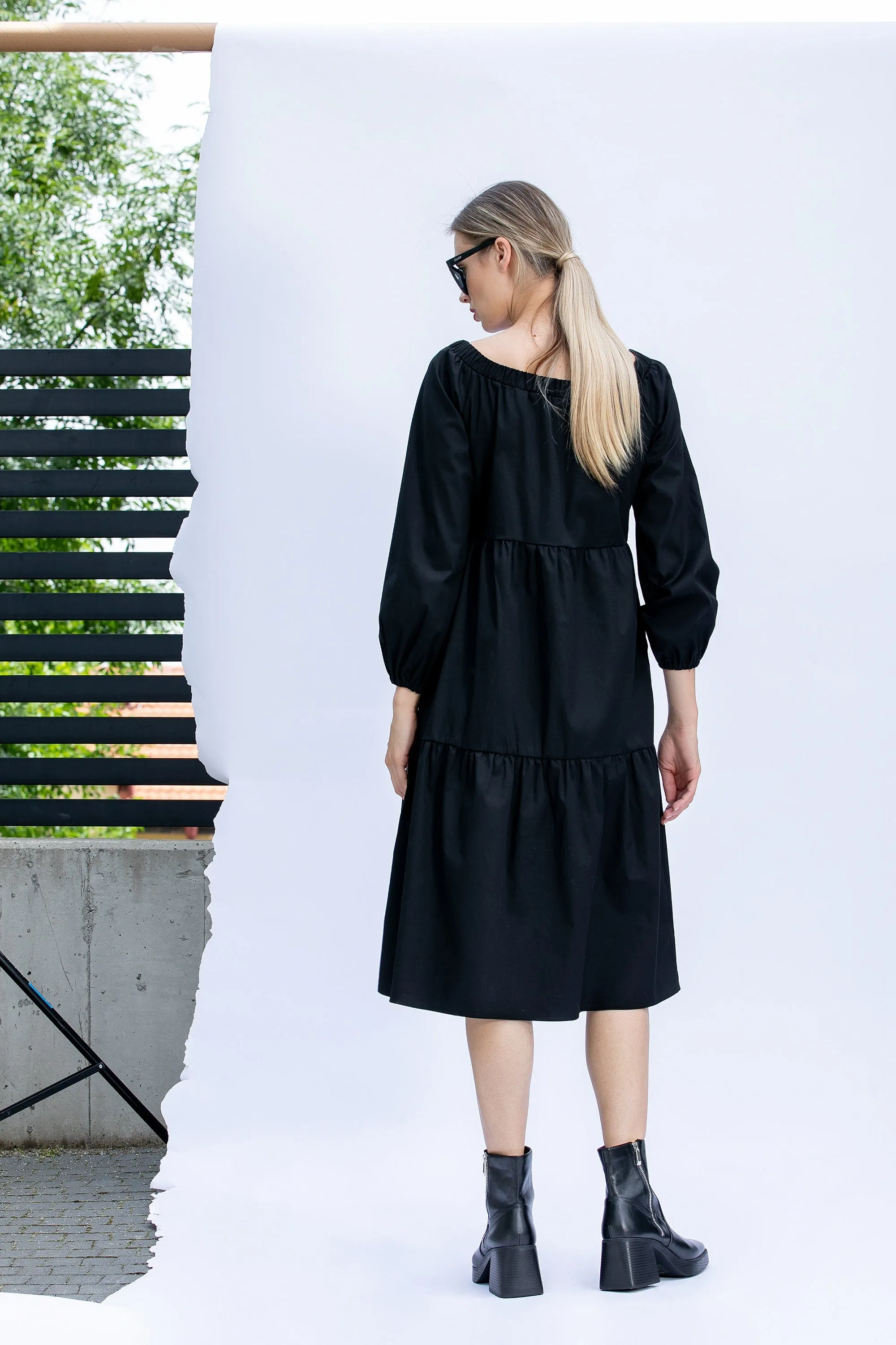 Comfortable Dress, Black Cotton Midi Dress, Loose Fit Dress, Plus Size Clothing, Modest Dress, Long Sleeve Dress in Black, Relaxed Dress