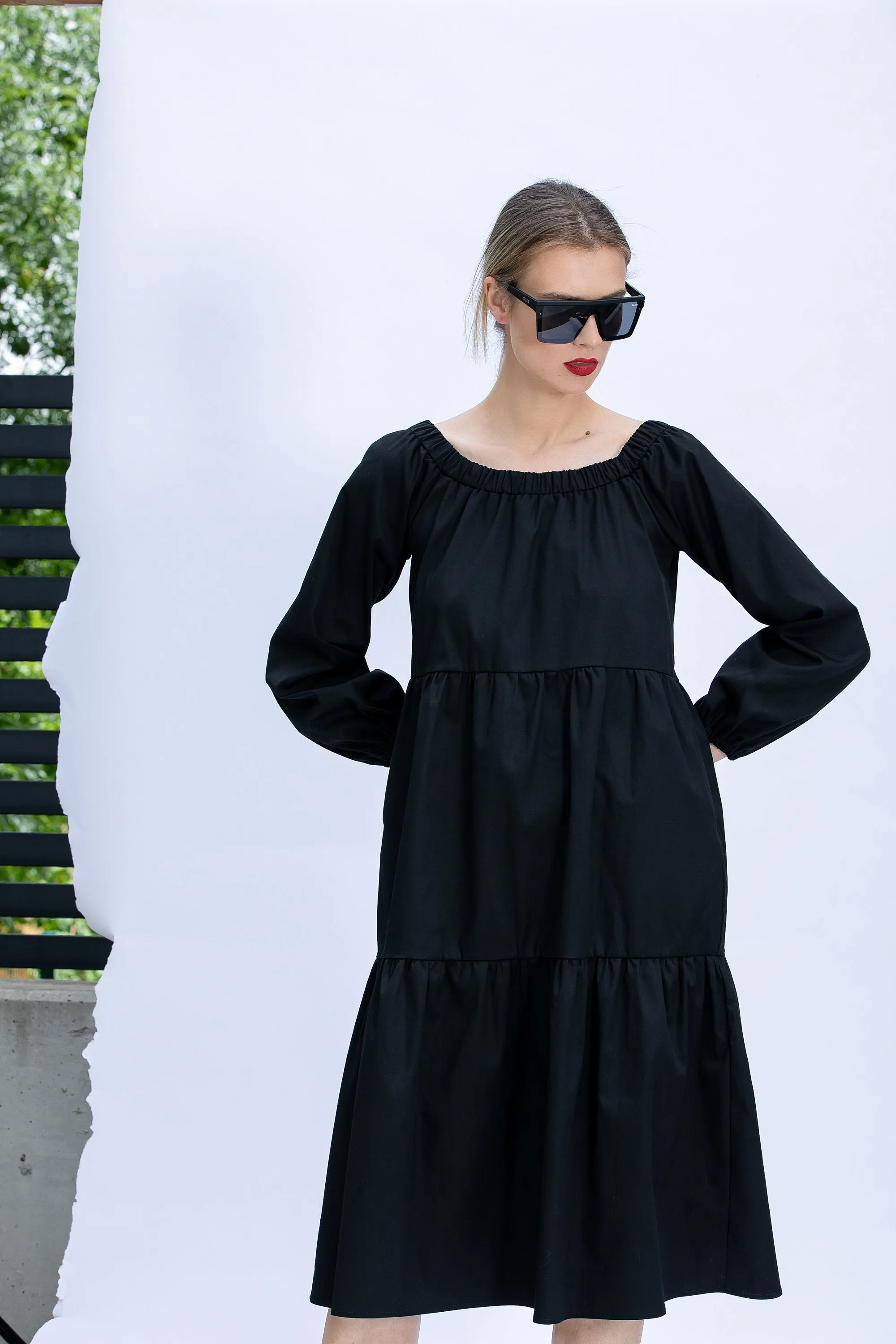 Comfortable Dress, Black Cotton Midi Dress, Loose Fit Dress, Plus Size Clothing, Modest Dress, Long Sleeve Dress in Black, Relaxed Dress