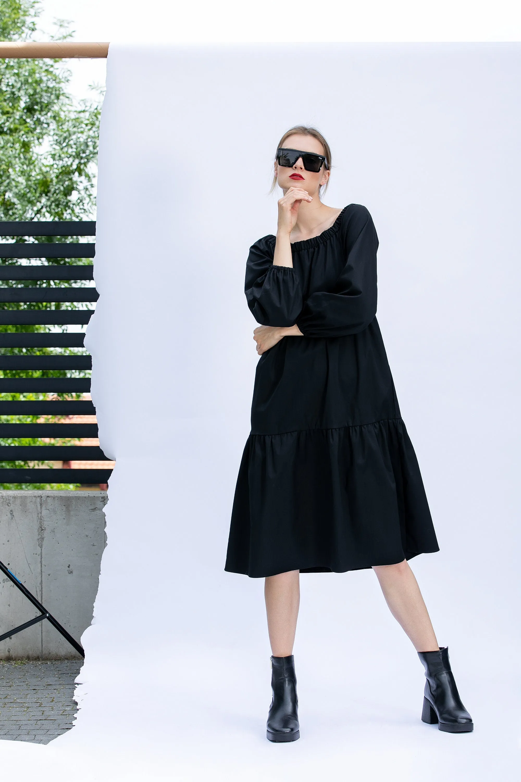 Comfortable Dress, Black Cotton Midi Dress, Loose Fit Dress, Plus Size Clothing, Modest Dress, Long Sleeve Dress in Black, Relaxed Dress