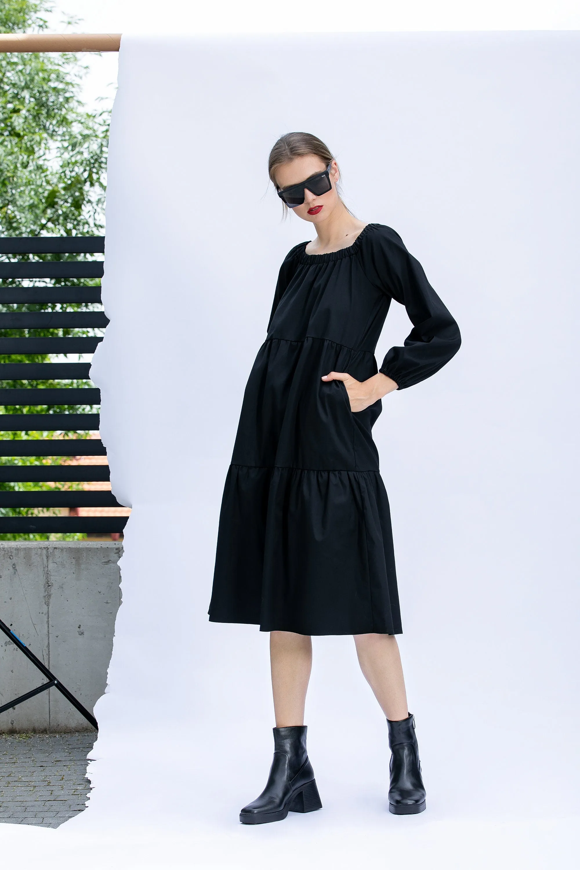 Comfortable Dress, Black Cotton Midi Dress, Loose Fit Dress, Plus Size Clothing, Modest Dress, Long Sleeve Dress in Black, Relaxed Dress