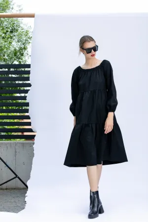 Comfortable Dress, Black Cotton Midi Dress, Loose Fit Dress, Plus Size Clothing, Modest Dress, Long Sleeve Dress in Black, Relaxed Dress