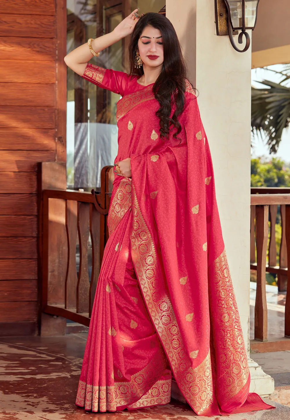 Coral Golden Jacquard Silk Saree