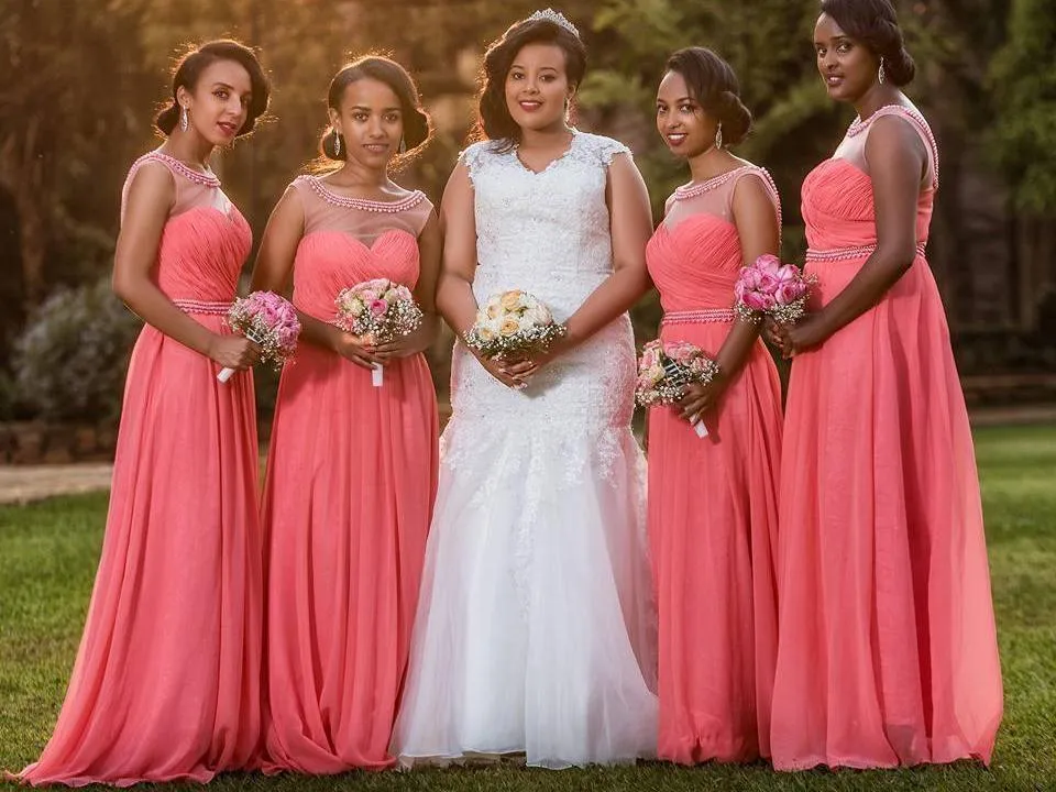 Coral Illusion Cap Sleeve Chiffon Custom Cheap Long Bridesmaid Dresses, WG242