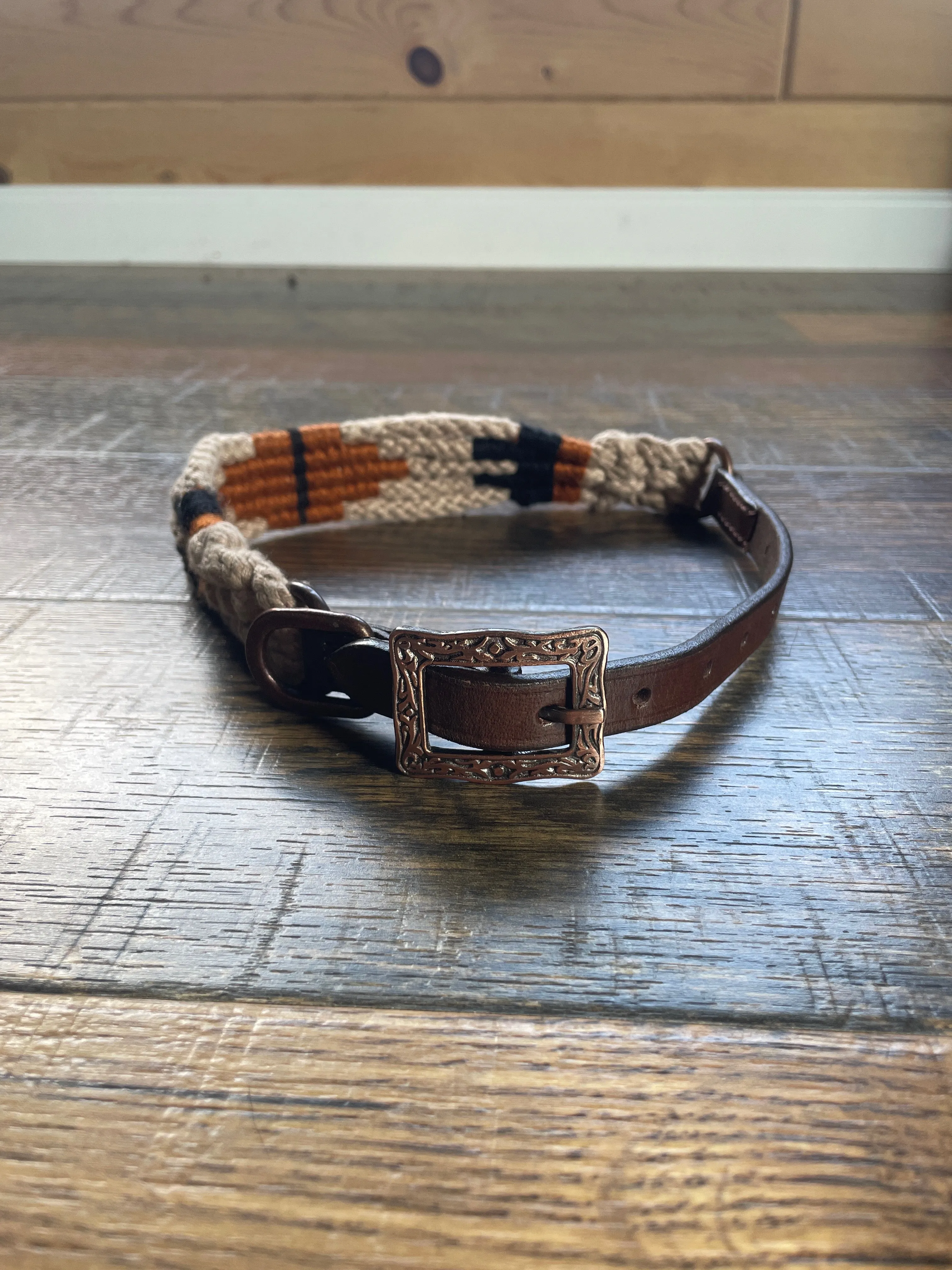 Corded Leather Dog Collar - Tan/Black