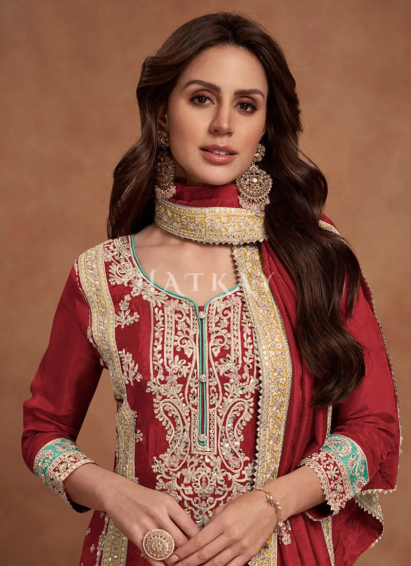 Crimson Red Multi Embroidered Wedding Palazzo Suit