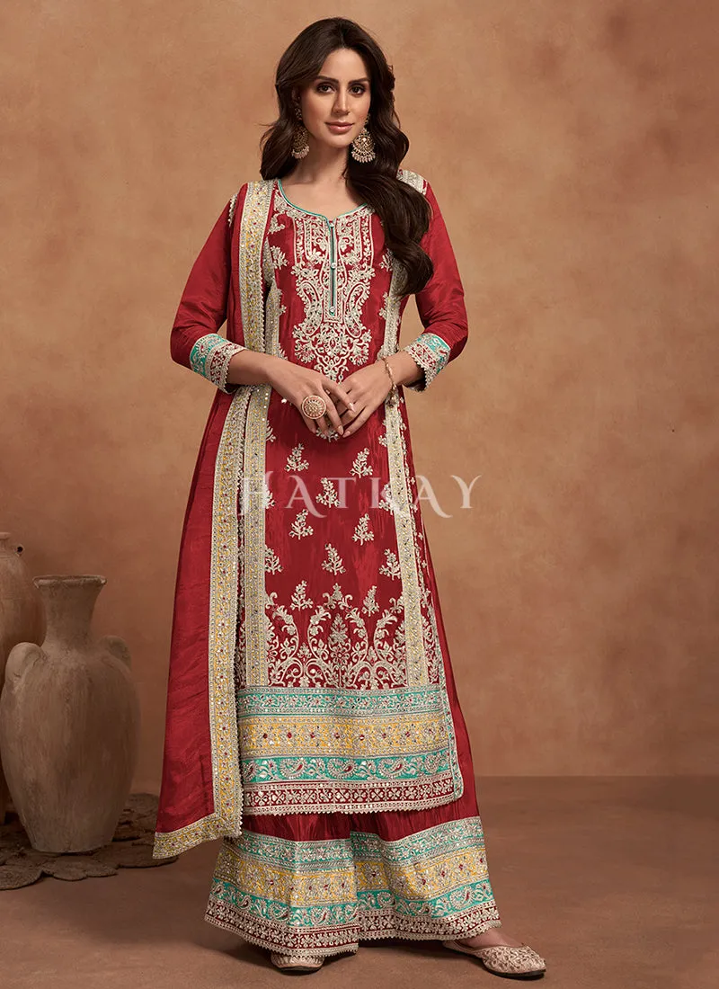 Crimson Red Multi Embroidered Wedding Palazzo Suit