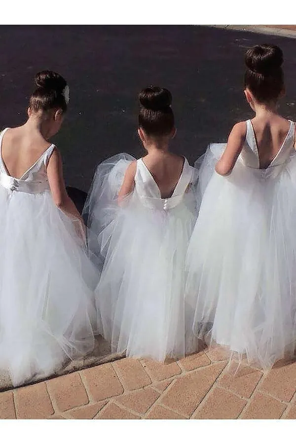 Cute Ball Gown Tulle Scoop V Back Flower Girl Dresses Baby Dresses OHR018
