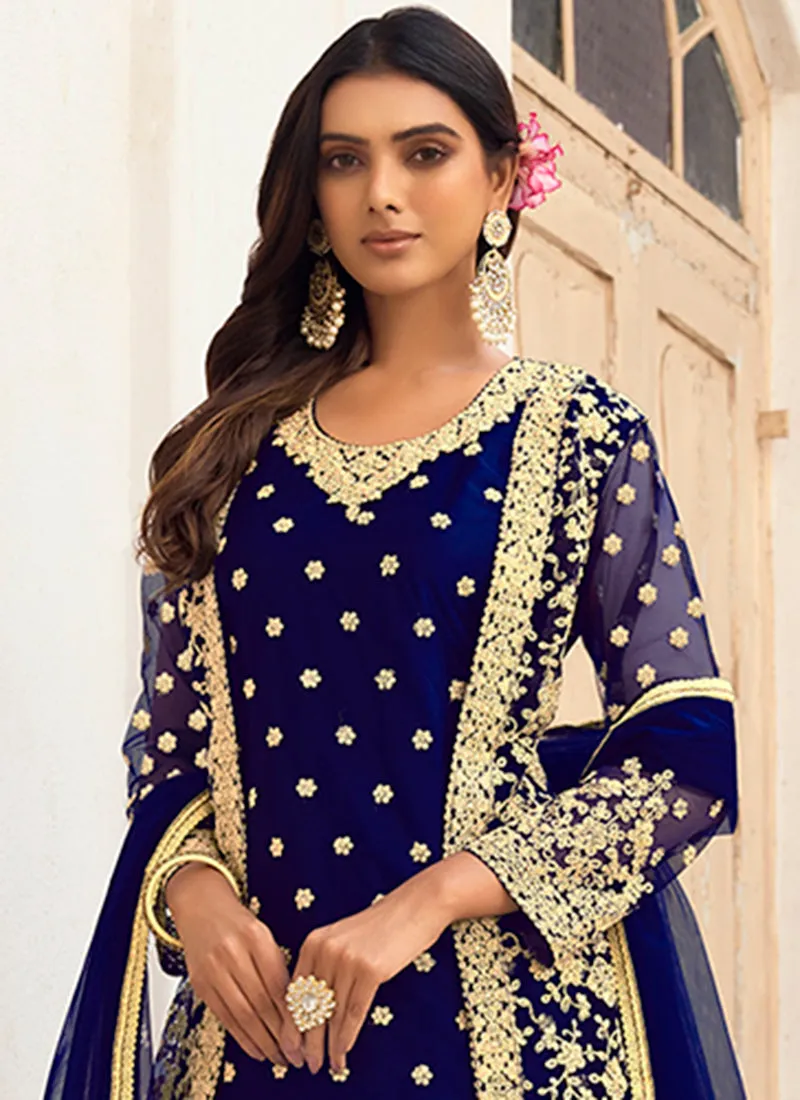 Dark Blue Embroidery Pakistani Pant Style Suit
