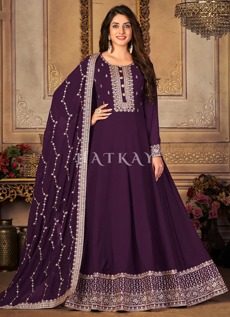 Deep Purple Zari Embroidery Traditional Anarkali Suit