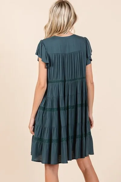 Deep Teal Lace Detail Ruffled Button Down Tiered Dress