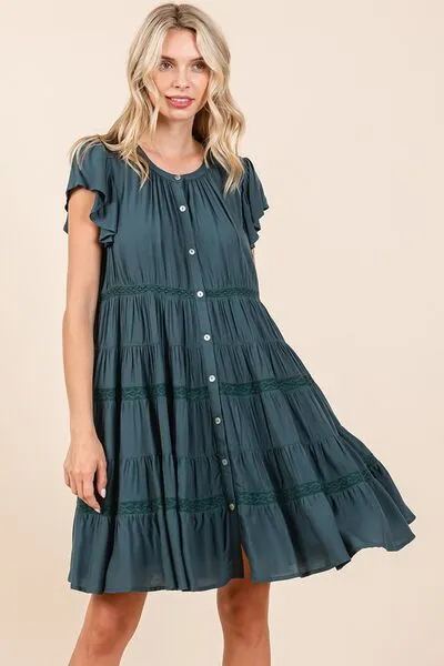 Deep Teal Lace Detail Ruffled Button Down Tiered Dress