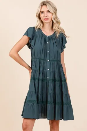Deep Teal Lace Detail Ruffled Button Down Tiered Dress