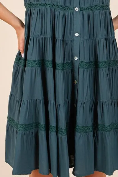 Deep Teal Lace Detail Ruffled Button Down Tiered Dress