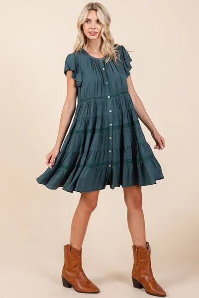 Deep Teal Lace Detail Ruffled Button Down Tiered Dress