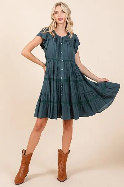 Deep Teal Lace Detail Ruffled Button Down Tiered Dress