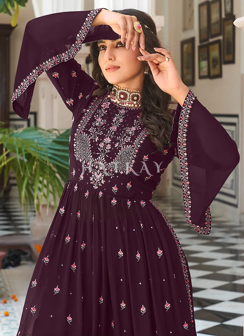 Deep Wine Multi Embroidered Traditional Gharara Suit