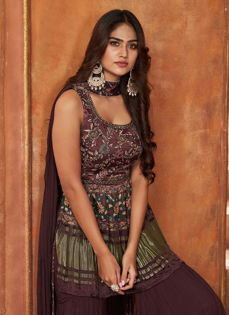 Deep Wine Multi Embroidery Traditional Gharara Style Suit