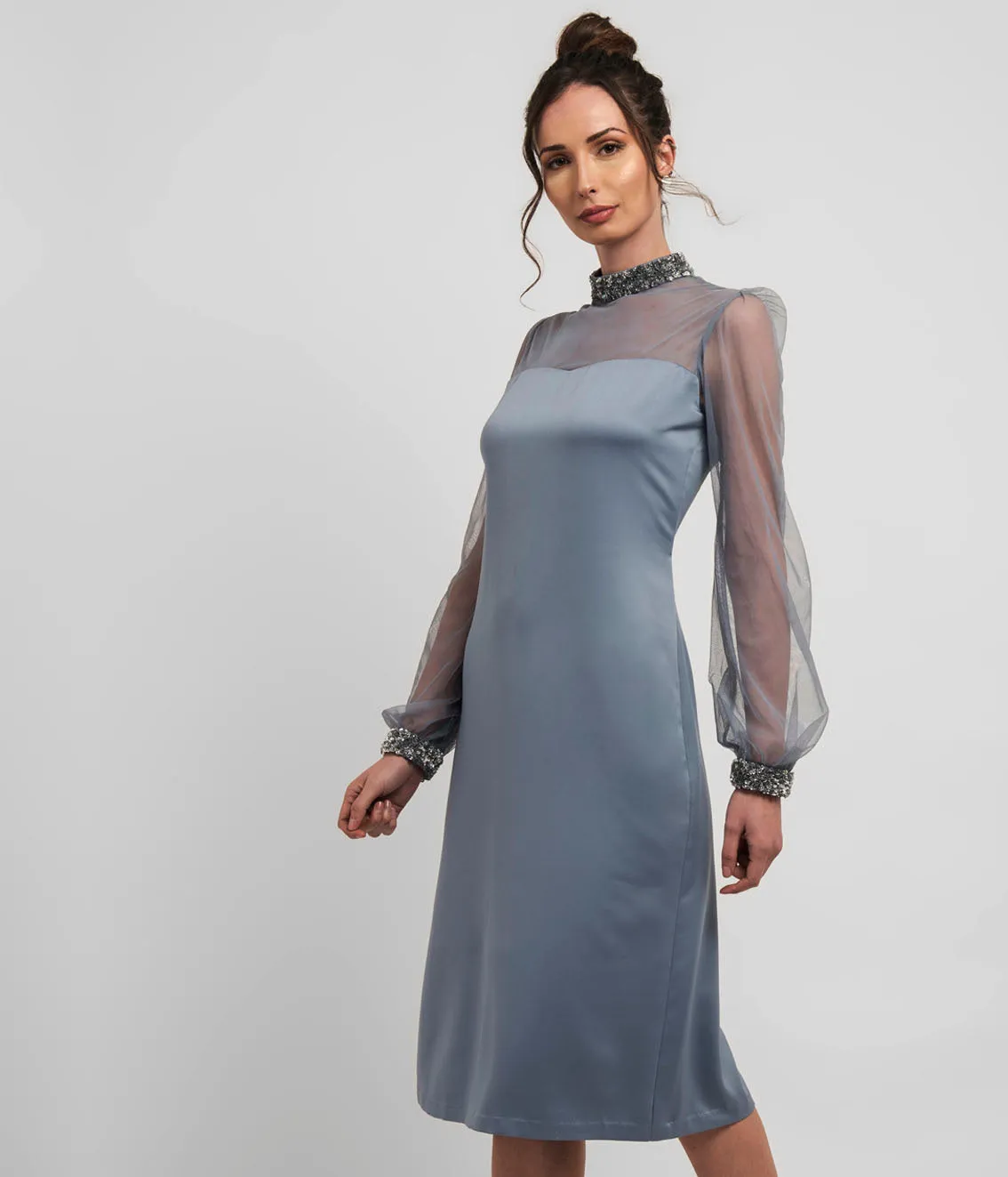 Dusty Blue Shift Dress with Sheer Bishop Sleeve