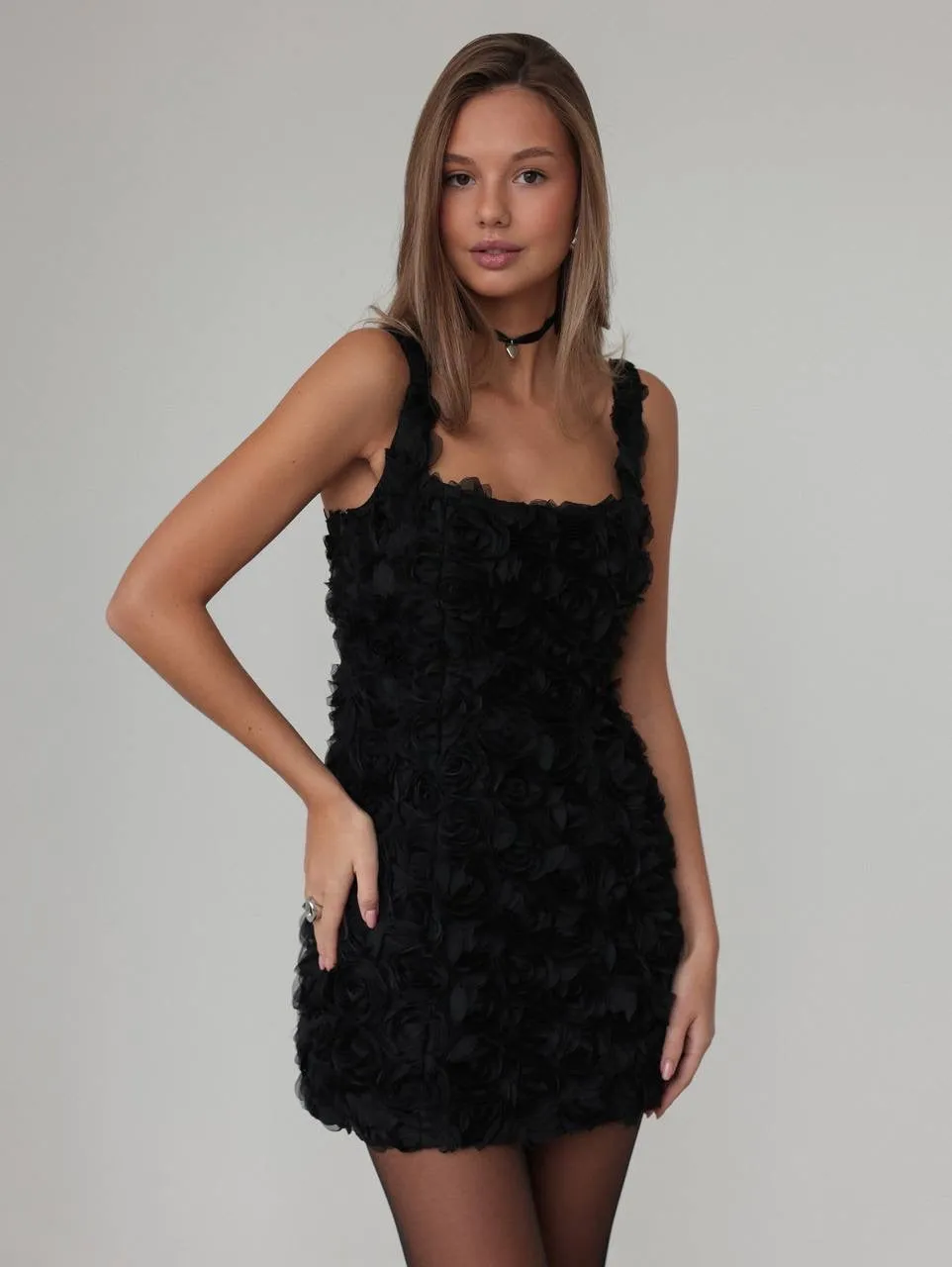 Elegant Rose Textured Black Mini Dress