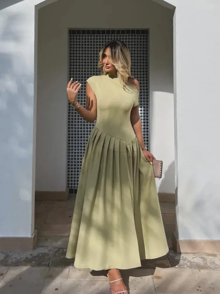Elegant Solid Pleated Hem A-line Dress