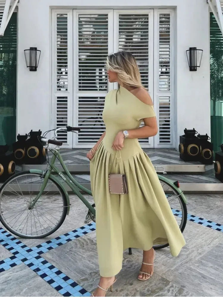 Elegant Solid Pleated Hem A-line Dress