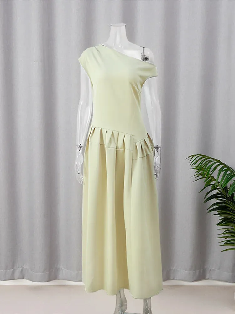 Elegant Solid Pleated Hem A-line Dress