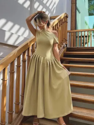 Elegant Solid Pleated Hem A-line Dress