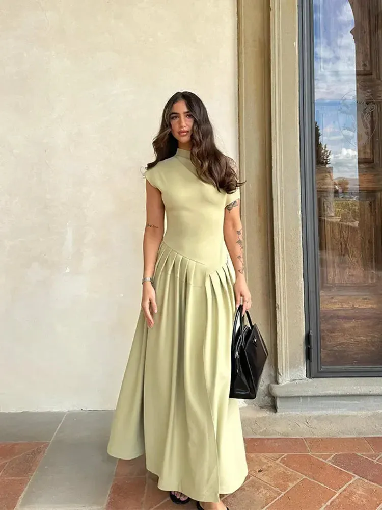 Elegant Solid Pleated Hem A-line Dress