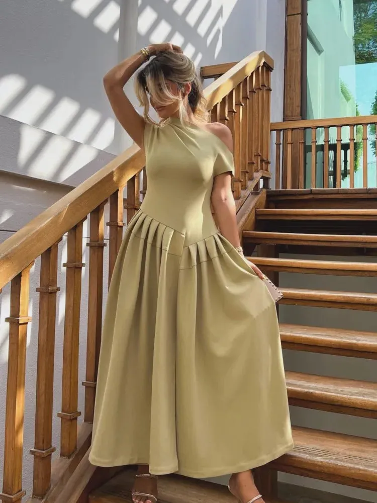 Elegant Solid Pleated Hem A-line Dress