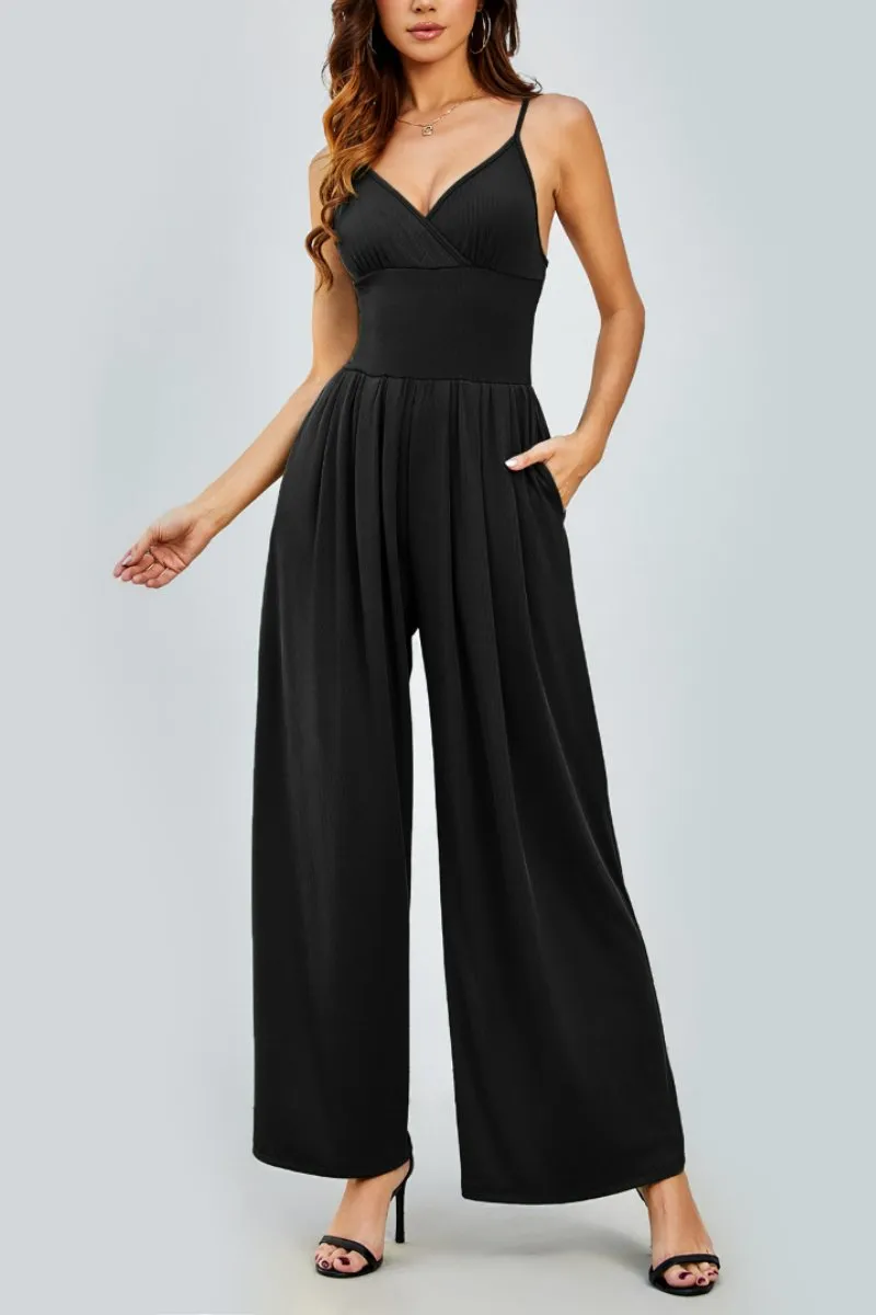 Elegant Spaghetti Straps Thin Waist Backless Wide Leg Jumpsuit