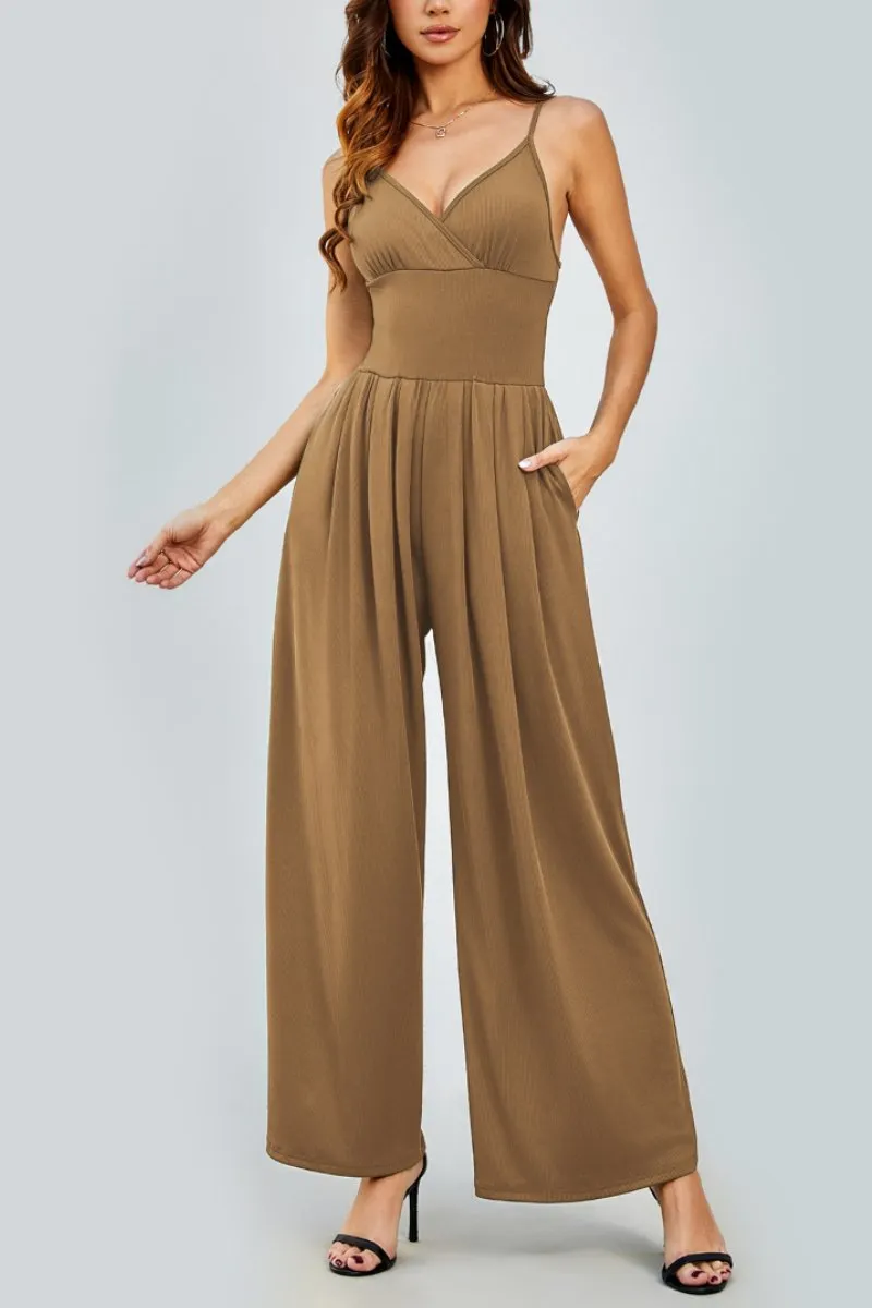 Elegant Spaghetti Straps Thin Waist Backless Wide Leg Jumpsuit