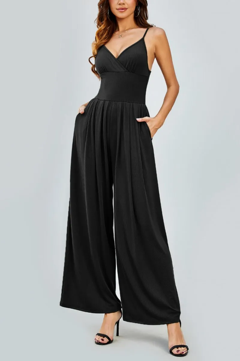 Elegant Spaghetti Straps Thin Waist Backless Wide Leg Jumpsuit