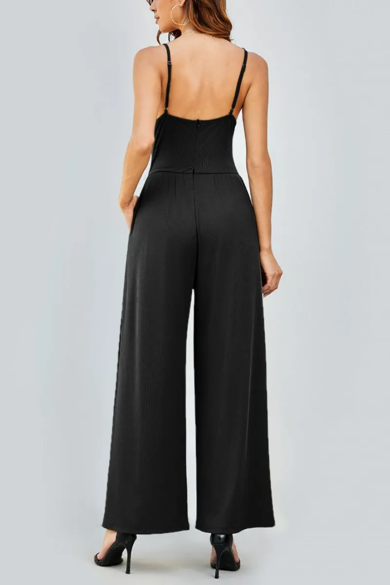 Elegant Spaghetti Straps Thin Waist Backless Wide Leg Jumpsuit