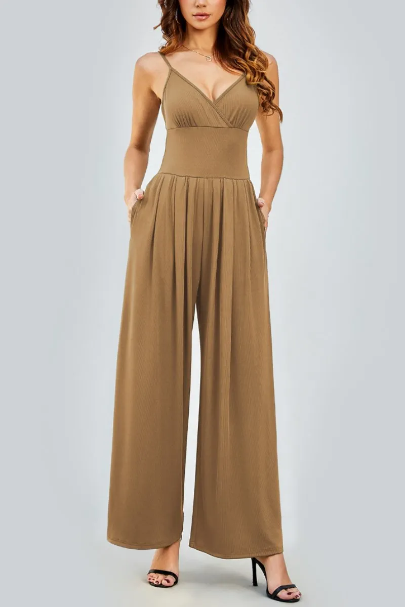 Elegant Spaghetti Straps Thin Waist Backless Wide Leg Jumpsuit
