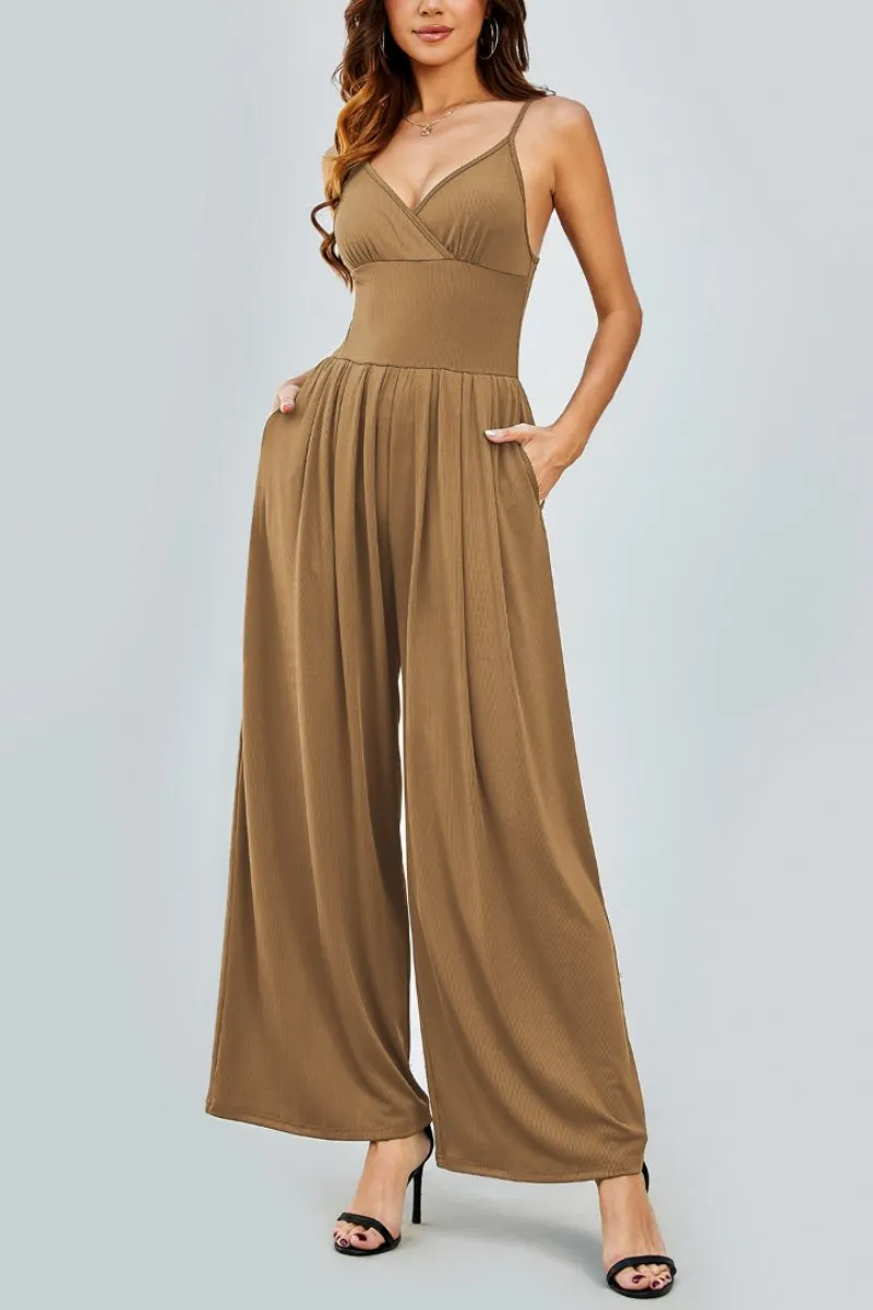 Elegant Spaghetti Straps Thin Waist Backless Wide Leg Jumpsuit