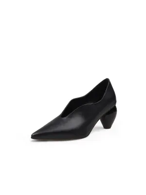 Genuine Leather Scalloped Edges-Curve Shaped Pump - Black