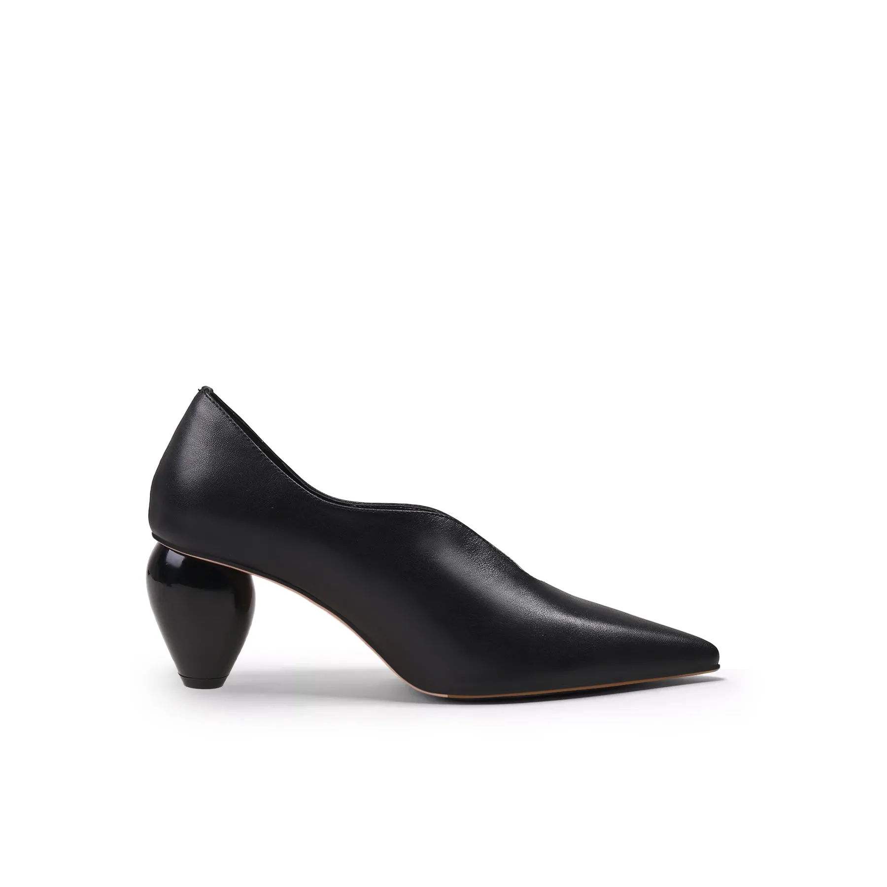 Genuine Leather Scalloped Edges-Curve Shaped Pump - Black