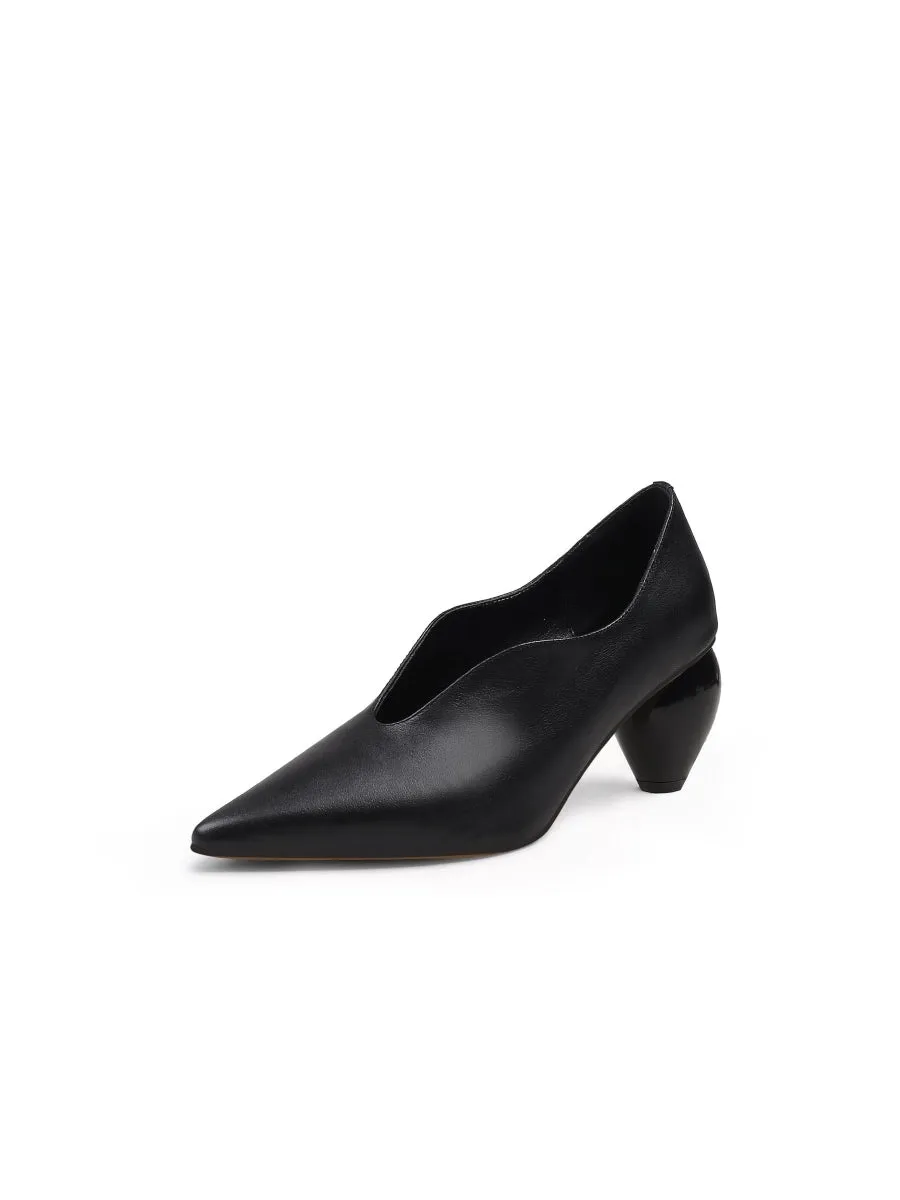Genuine Leather Scalloped Edges-Curve Shaped Pump - Black