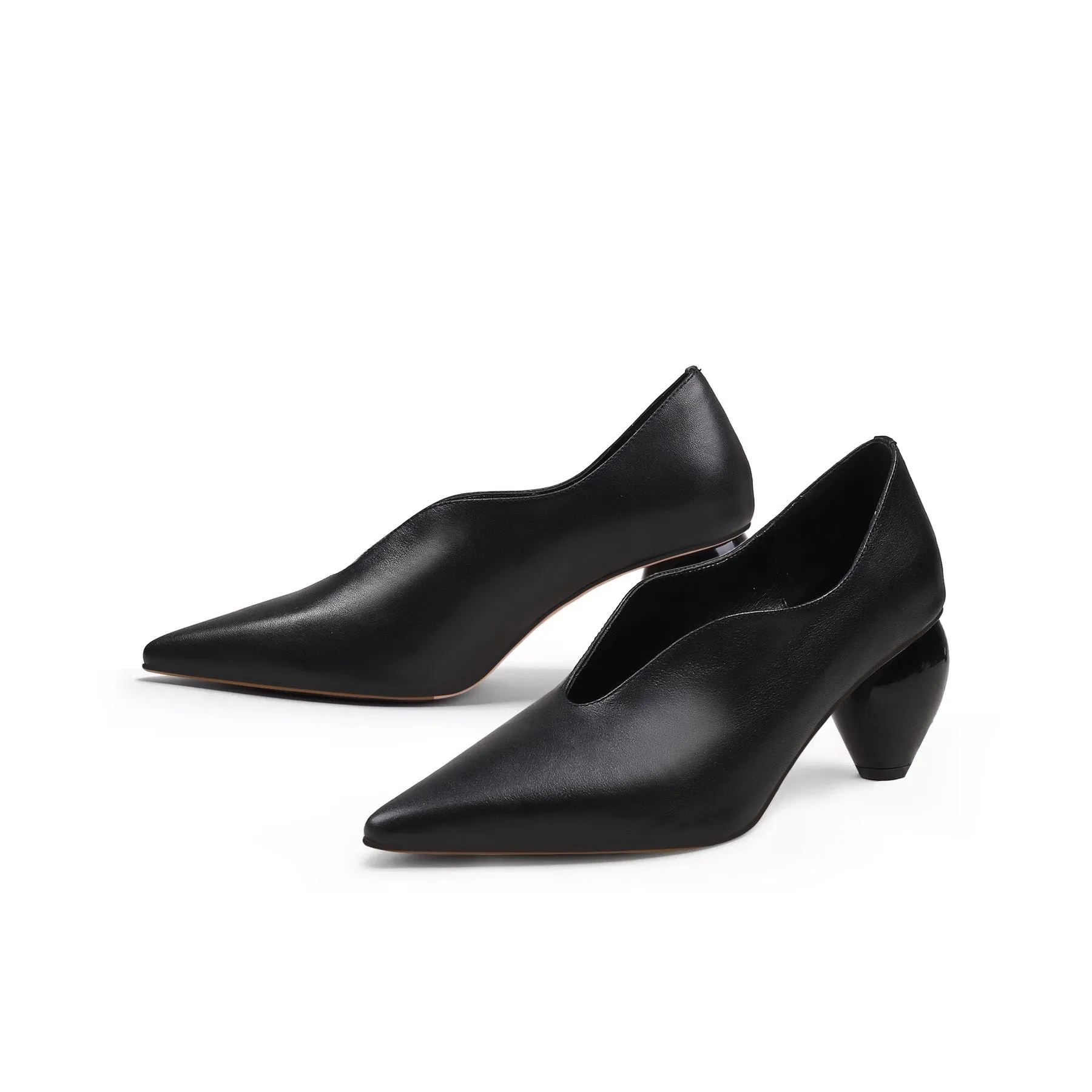 Genuine Leather Scalloped Edges-Curve Shaped Pump - Black