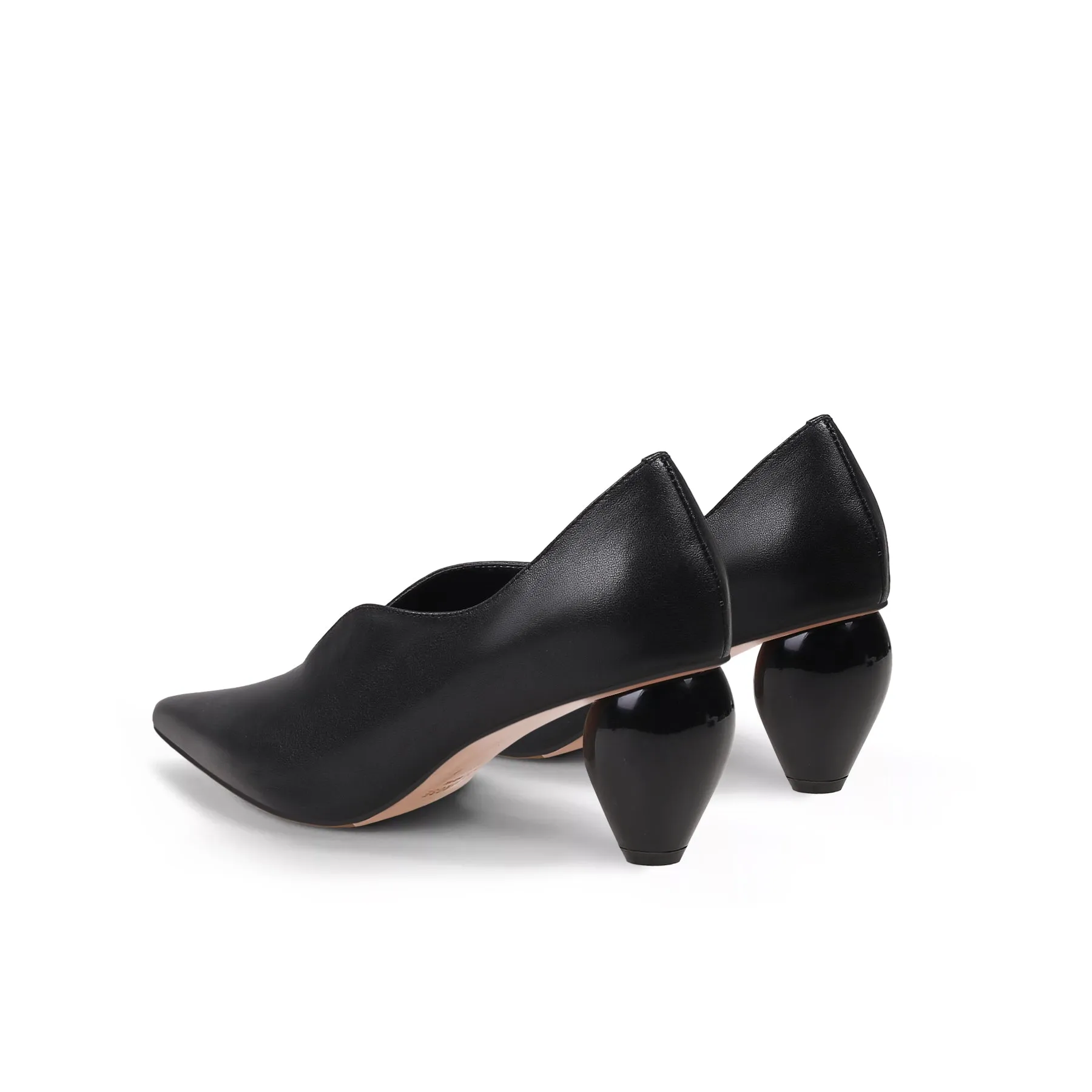 Genuine Leather Scalloped Edges-Curve Shaped Pump - Black