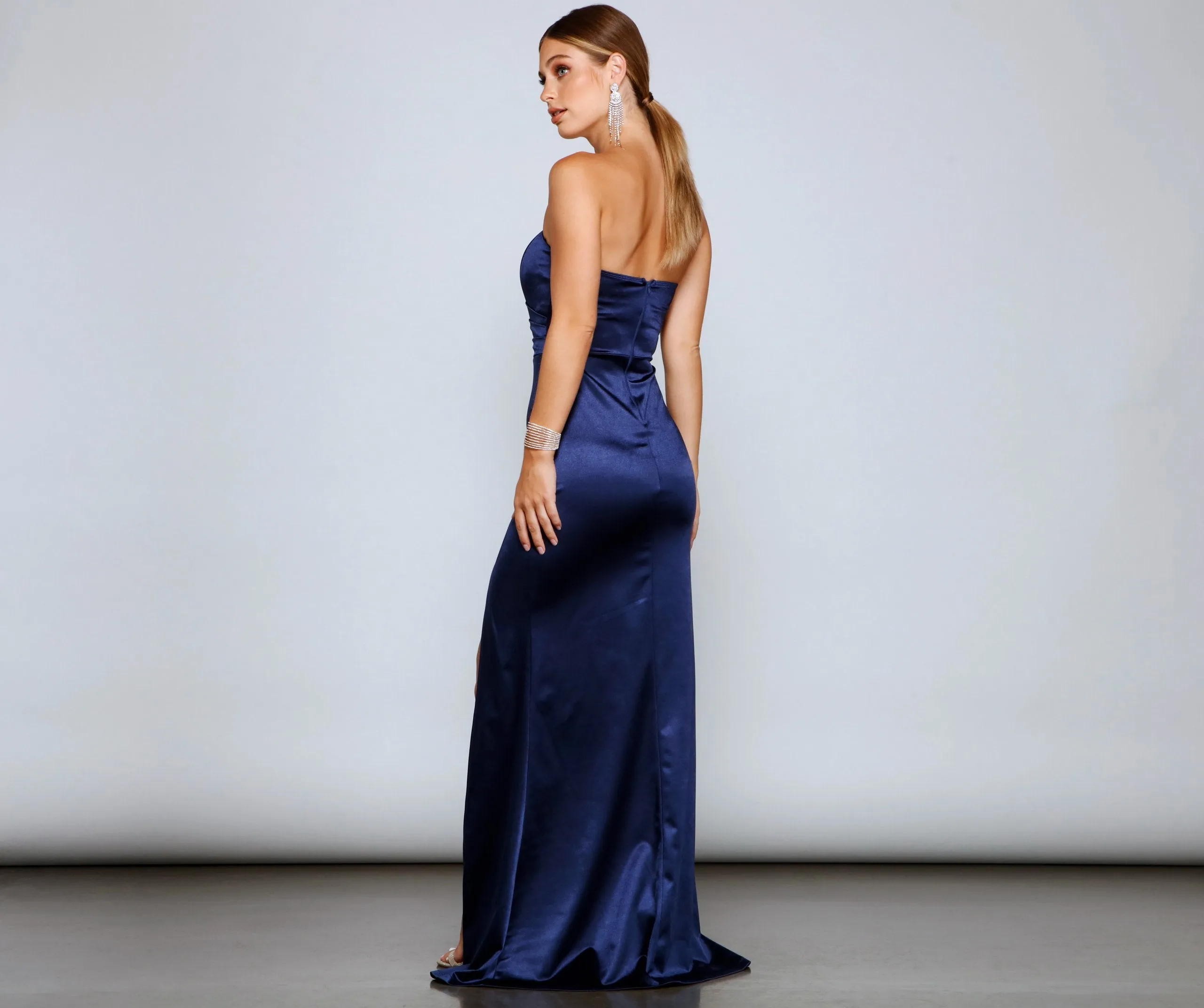 Gianna Strapless Stylish High-Slit Satin Dress