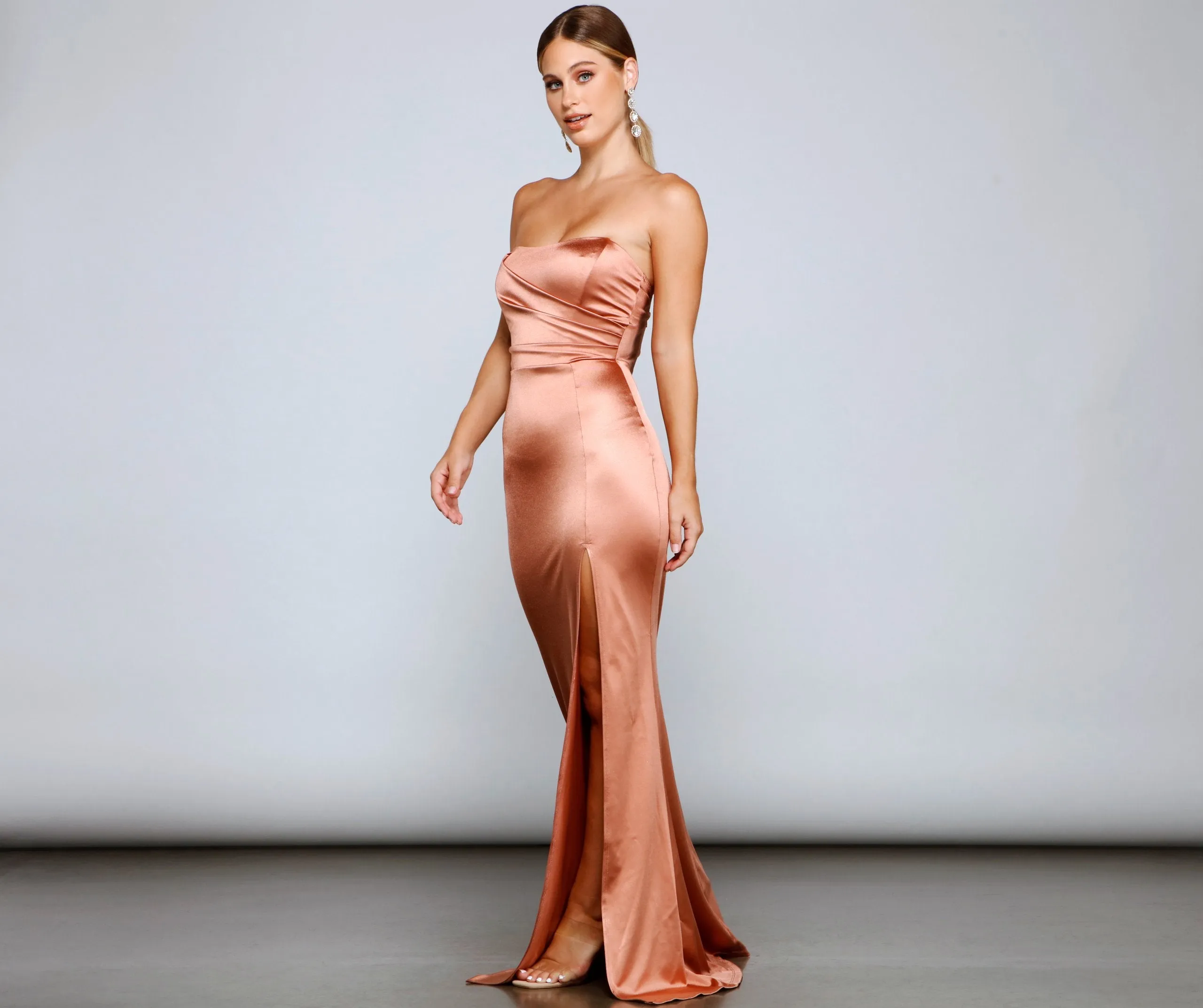 Gianna Strapless Stylish High-Slit Satin Dress