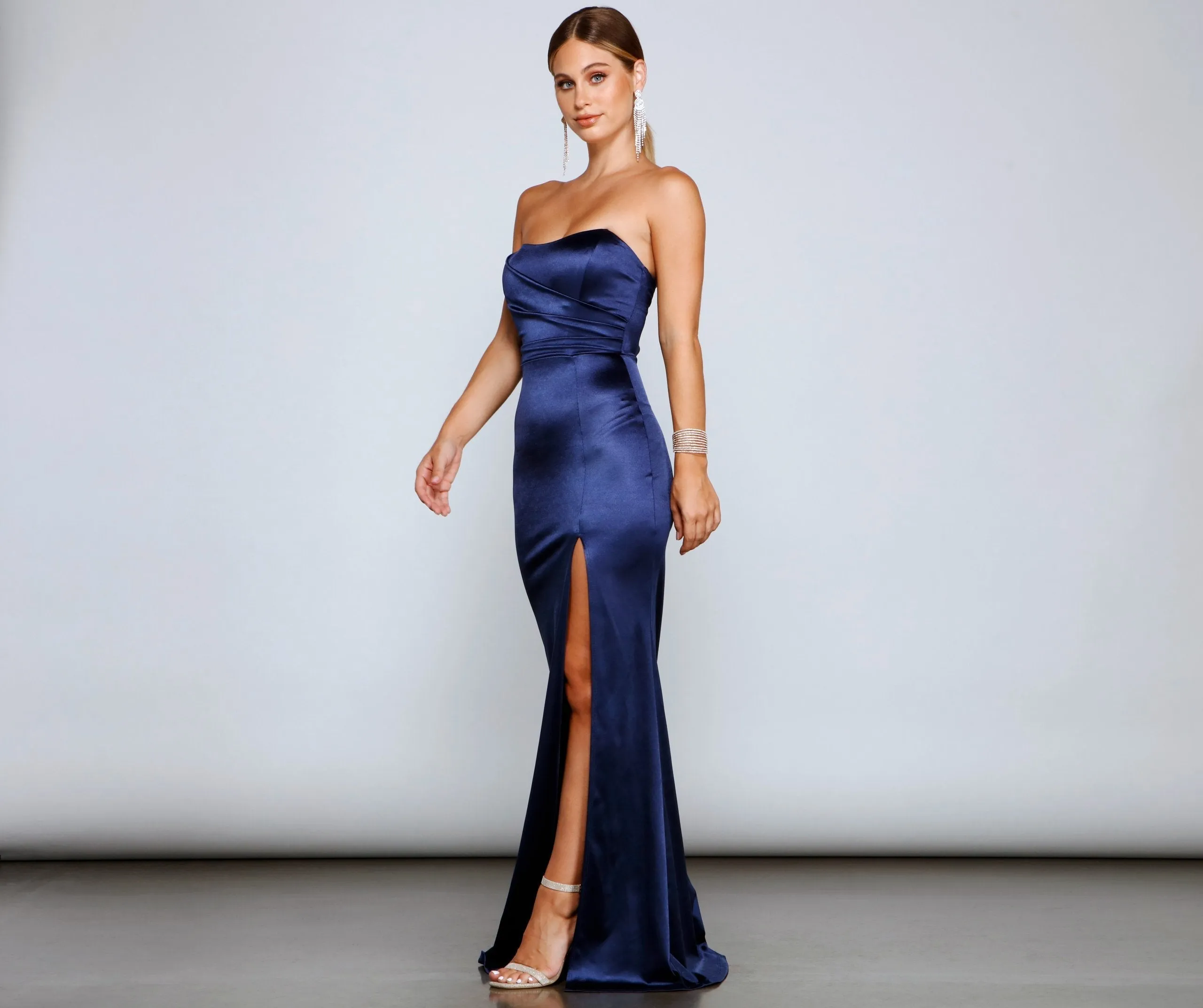 Gianna Strapless Stylish High-Slit Satin Dress