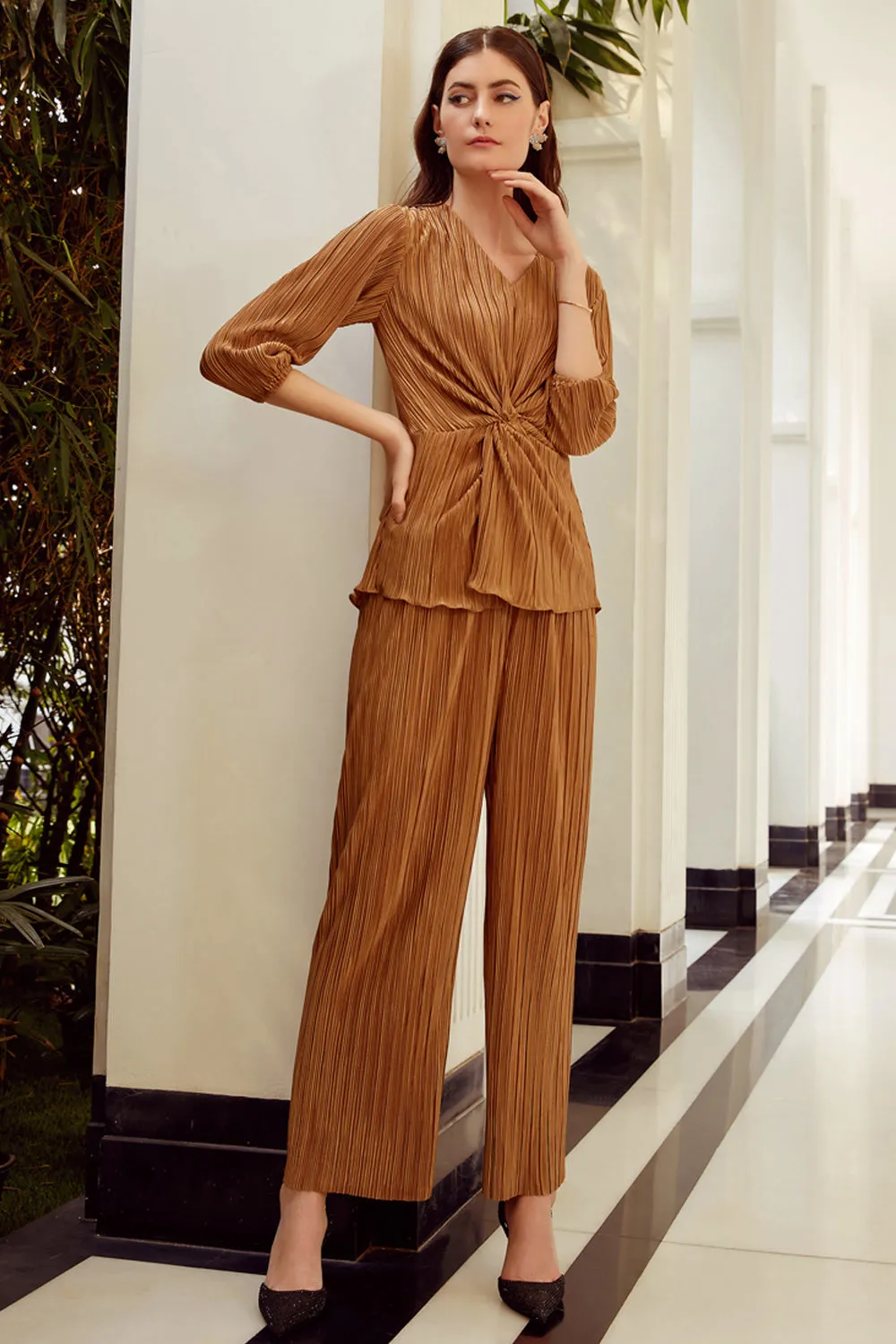 Gold Pleated Knot Top