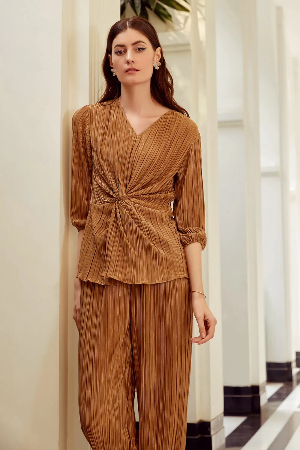 Gold Pleated Knot Top