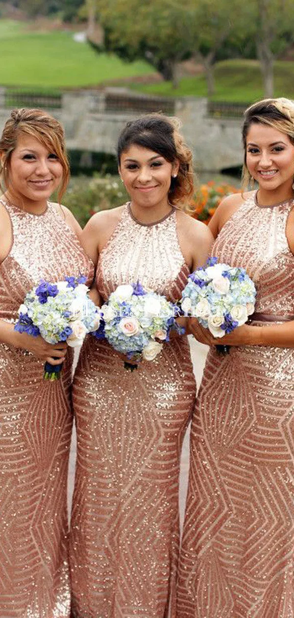 Gold Sequin Mermaid Halter Cheap Long Bridesmaid Dresses Online, WGY0228