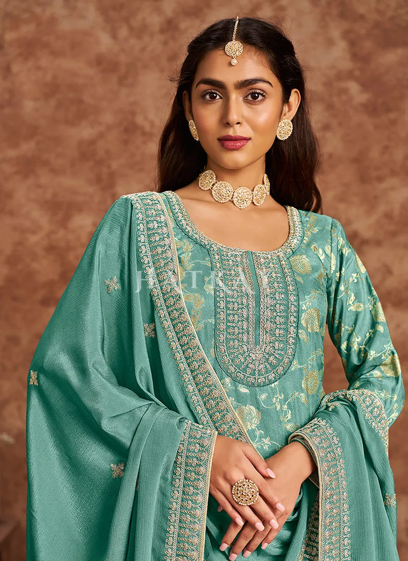 Green Embroidered Pakistani Pant Style Suit
