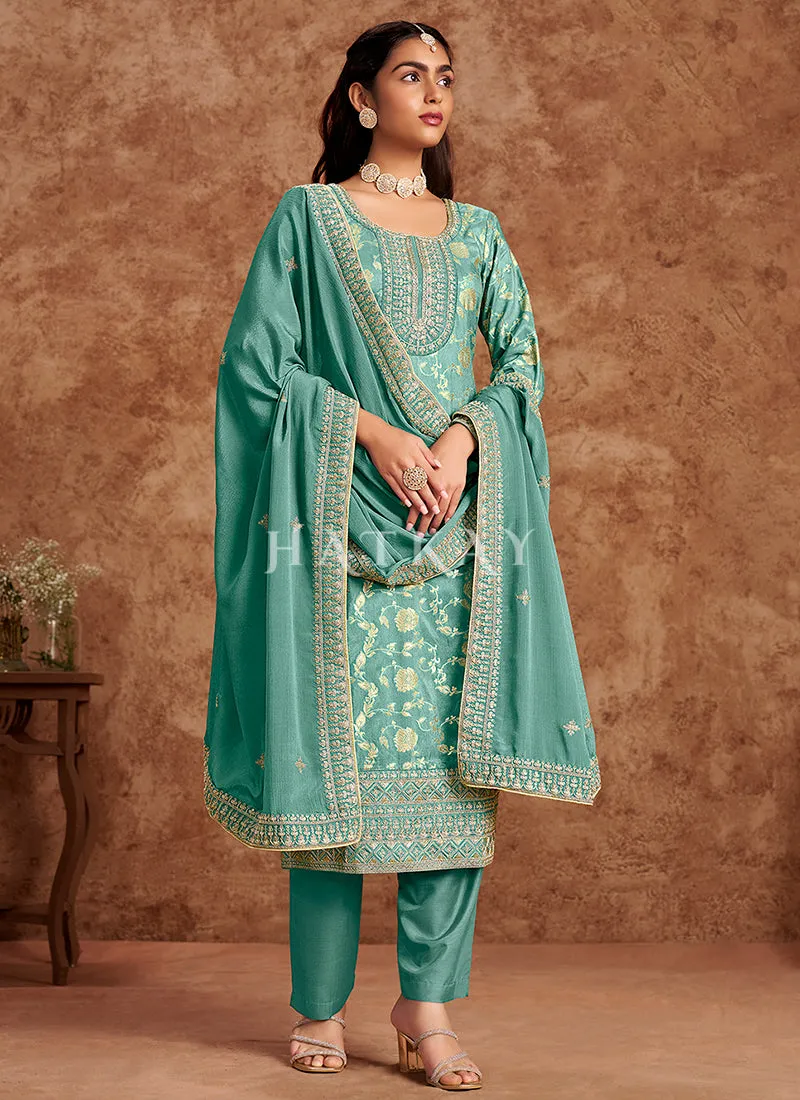 Green Embroidered Pakistani Pant Style Suit