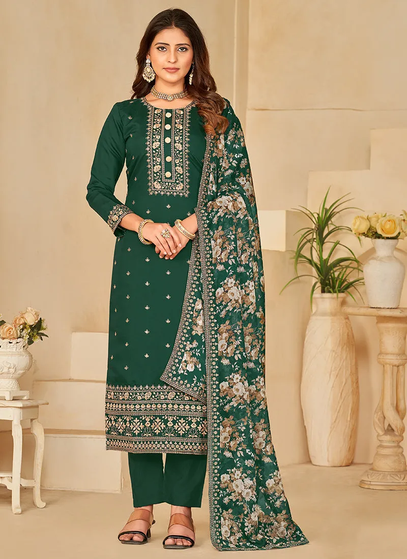 Green Embroidery Traditional Pant Style Suit