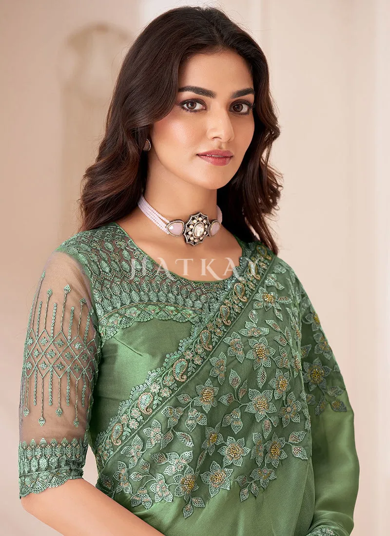 Green Sequence Embroidery Wedding Saree